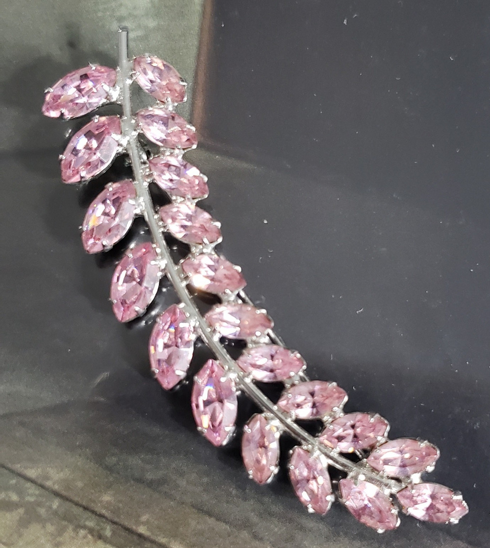 Signed B David Pink Rhinestone Brooch Pin 2.75"‎ Mid-century Designer Leaf sf-16